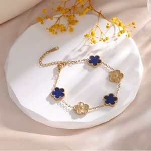 Gold-Toned Stainless Steel Blue & Gold Flower Motif Bracelet